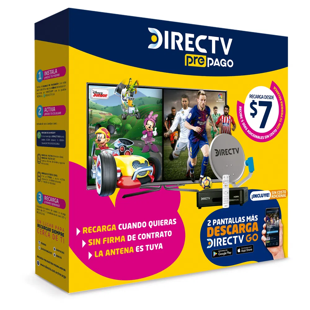 Encuentra el Kit Antena Direct Tv Prepago HD, cobertura en todo el Ecuador continental, decodificador HD y el mejor precio solo en Gran Hogar Online.