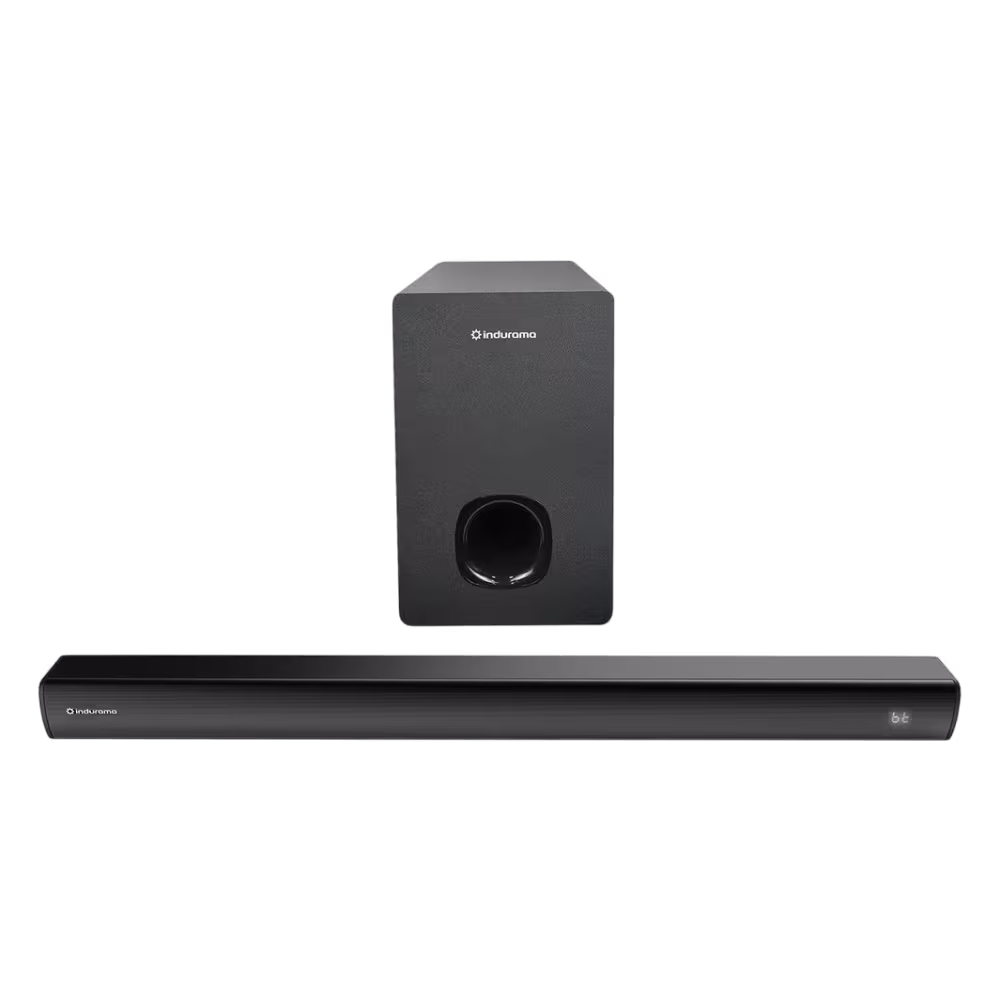Barra de sonido Indurama BSI-80 subwoofer con diseño negro elegante vista frontal granhogar