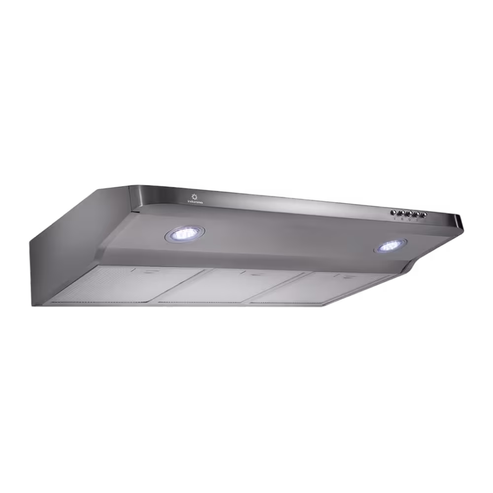 Campana extractora Indurama CEI-75CRP con focos led encendidos vista inferior de tres cuartos granhogar
