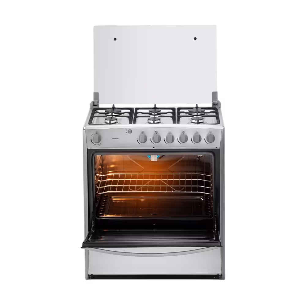 Cocina a gas Indurama Pamplona Quarzo horno encendido vista frontal disponible en granhogar