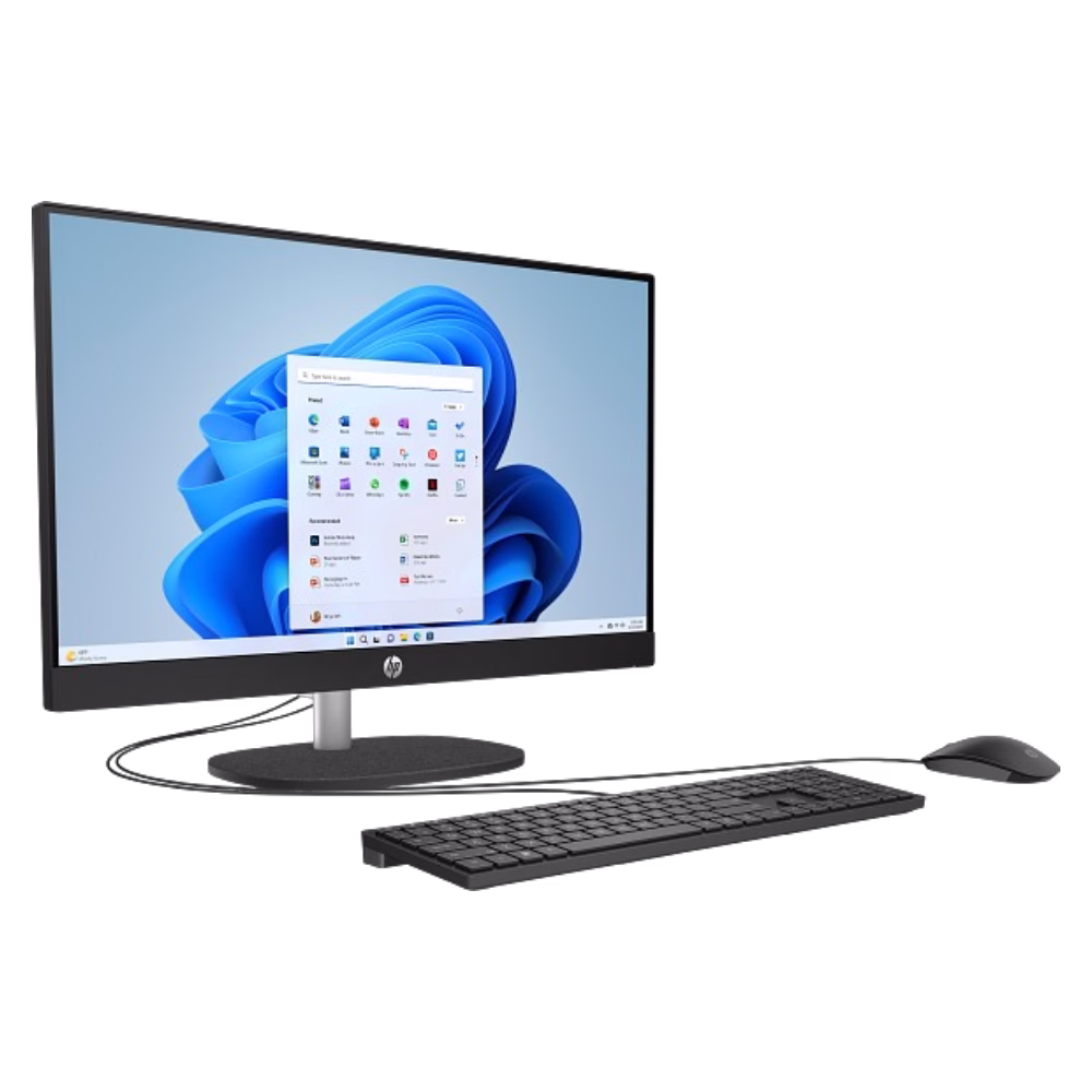 Computadora todo en uno con teclado y mouse en vista diagonal izquierda