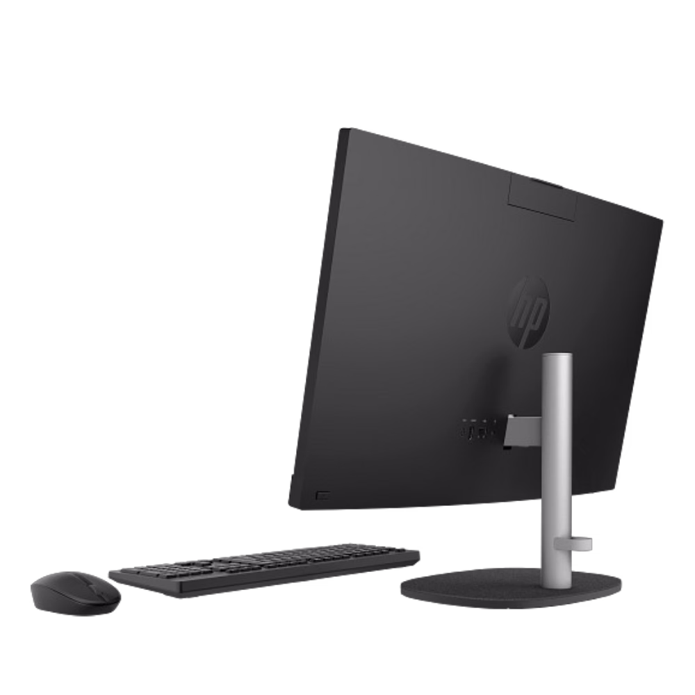 Parte trasera de computadora todo en uno con soporte y accesorios