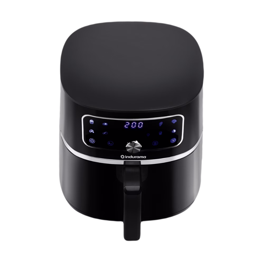 Freidora de aire Indurama negra vista superior frontal con panel táctil iluminado disponible en granhogar