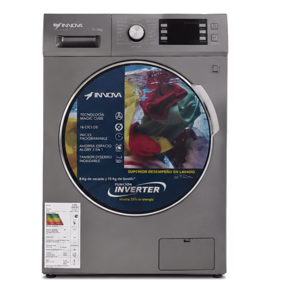 Lavadora secadora Innova IN-LAVA-SECA-15-MI cromada de 15 kg de lavado y 10 kg de secado, vista frontal