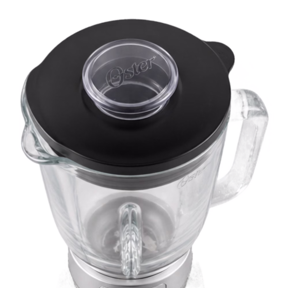 Tapa negra de licuadora BLSTPBRGR Oster con vaso de vidrio y tapón dosificador