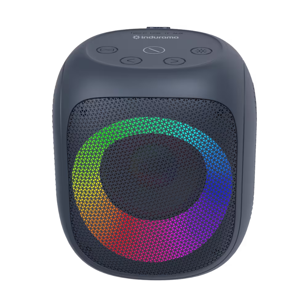 Parlante Indurama PPI-HB05DB azul oscuro con luz RGB circular vista frontal, encuentralo en granhogar