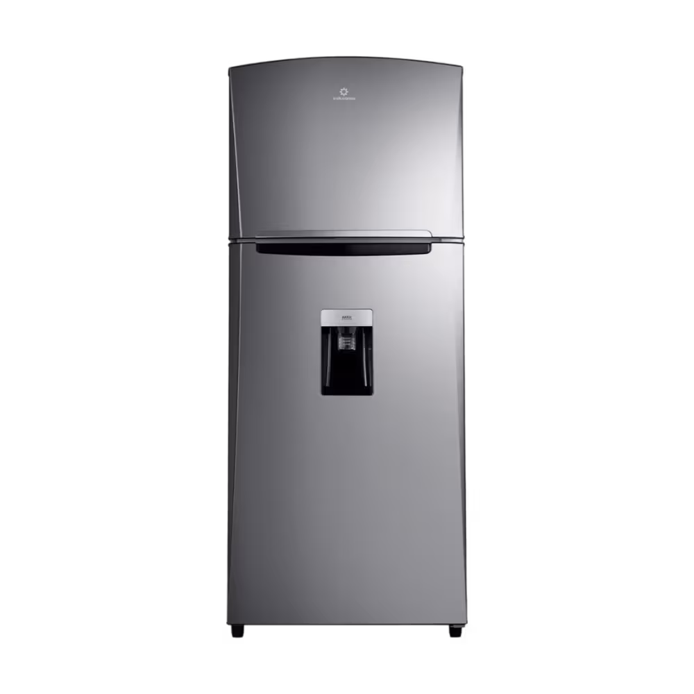 Refrigeradora Indurama RI-480 Quarzo Inverter color croma con dispensador vista frontal completa granhogar