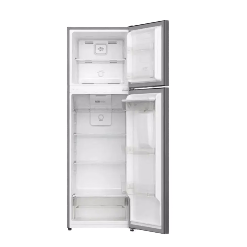Refrigeradora Whirlpool WT32409D de 247 litros con puertas abiertas y compartimentos interiores