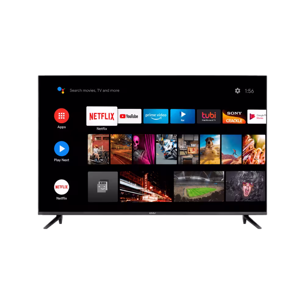 Televisor ENV ENV-32DF2 Smart TV Android 14 pantalla encendida vista frontal. Encuéntralo en granhogar