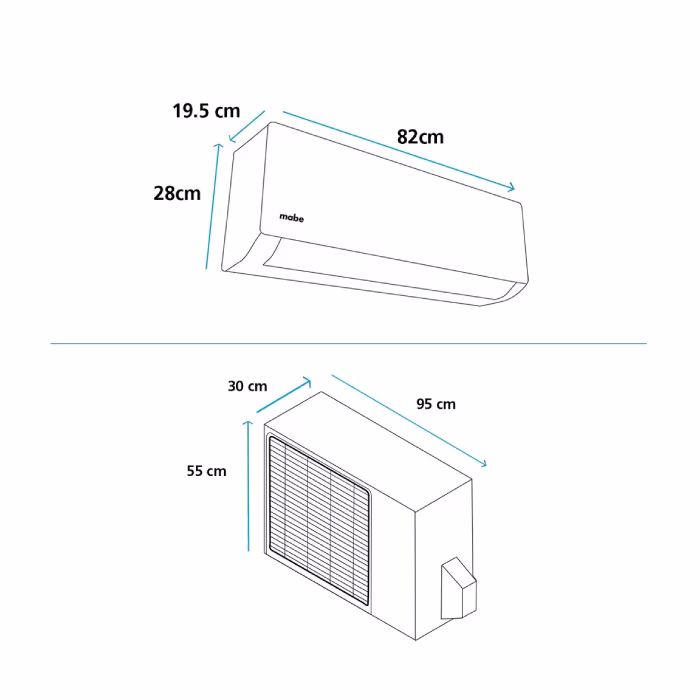 Aire acondicionado Mabe MMI12CDBWCCE8, de 12.000 BTU, con tecnología Inverter y alta eficiencia energética para un enfriamiento óptimo y duradero.