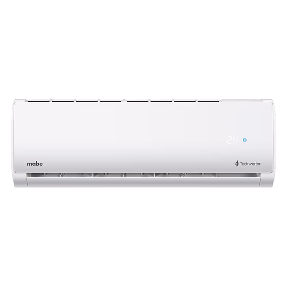 Aire acondicionado Mabe MMI24CDBWCCE8 con display digital LED encendido vista frontal disponible en granhogar