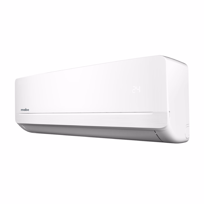 Aire acondicionado Mabe MMT24CDBWCCAX8 de 24000 BTU. Ideal para climas intensos: solo frío, función turbo y control digital oculto.
