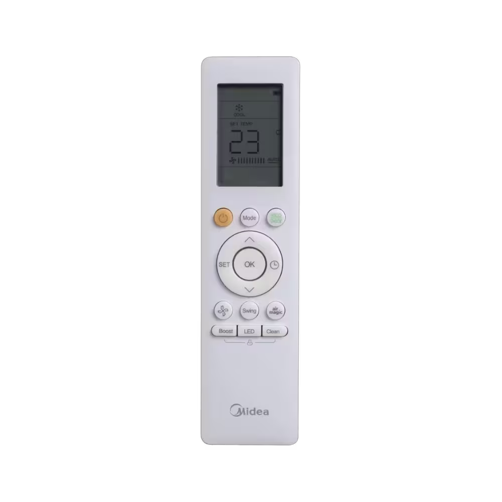 Control remoto para aire acondicionado split Midea MSAG12CRFN1-AM vista frontal disponible en granhogar
