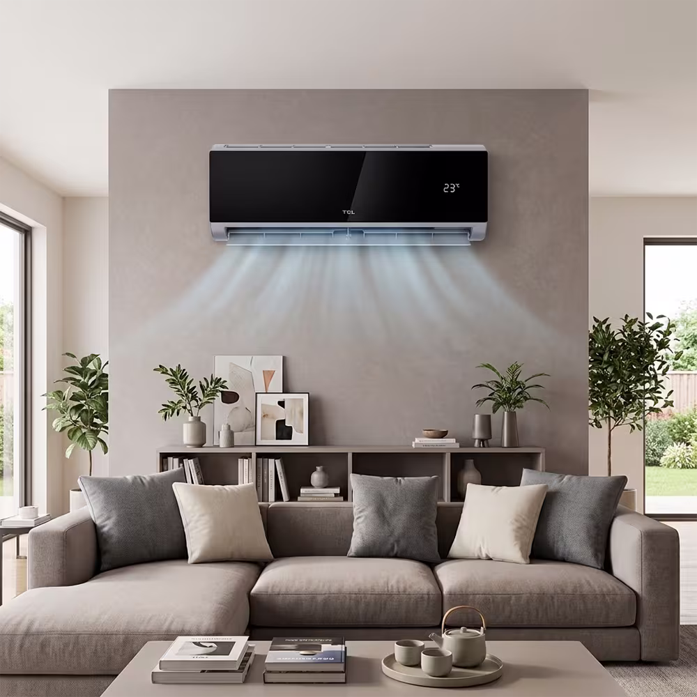 Aire acondicionado split TCL TAC-12CSAXA82 12000 BTU en sala moderna vista frontal. Encuéntralo en granhogar