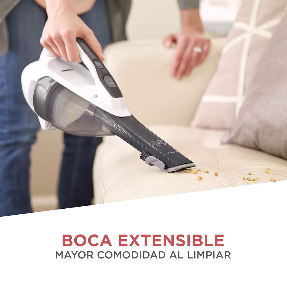 Aspiradora manual inalámbrica Black+Decker HLVA325J10-B3 limpiando sofás vista diagonal. Solo en granhogar