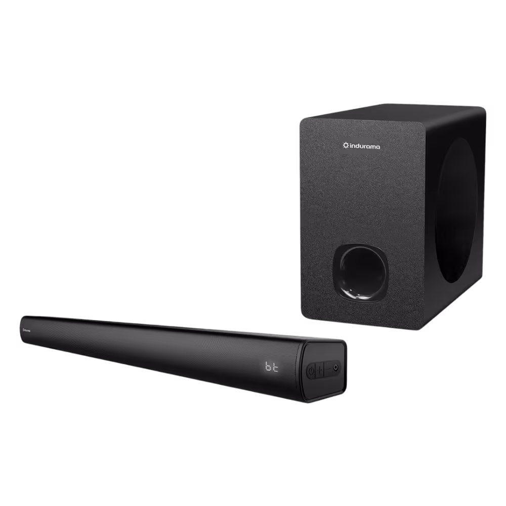 Barra de sonido Indurama BSI-80 panel lateral con botones de control vista diagonal disponible en granhogar