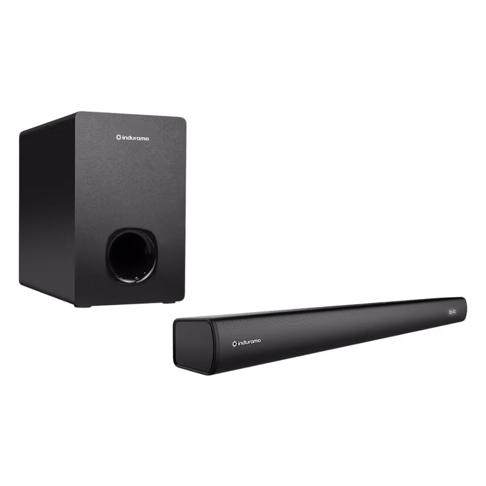 Barra de sonido Indurama BSI-80 cajon de bajos y conectividad bluetooth vista diagonal disponible en granhogar