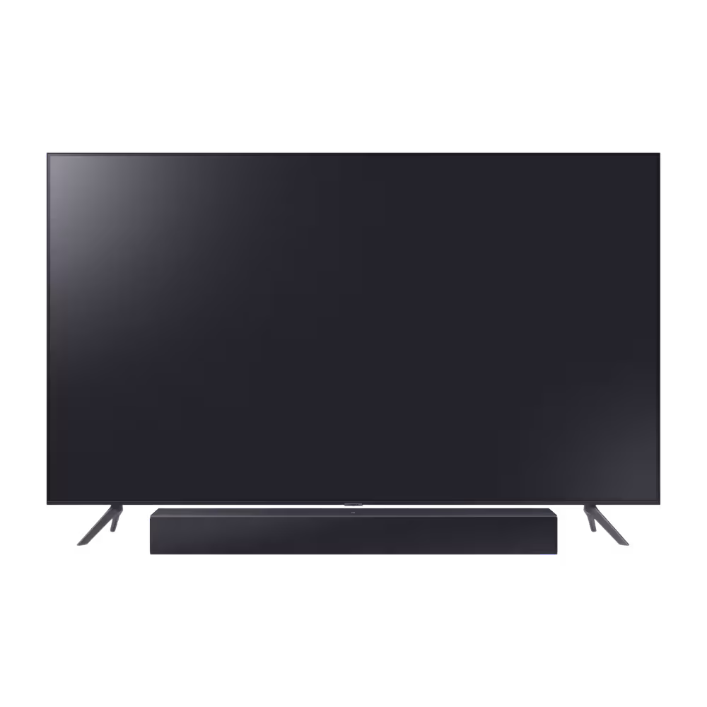 Barra de sonido Samsung HW-C400 instalada debajo de un televisor vista frontal. Búscala en granhogar online