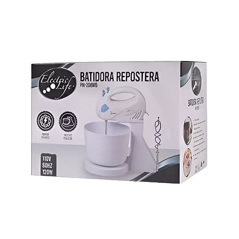 Batidora con tazón Electric Life Pn-208wb empaque oficial vista frontal. Disponible en granhogar online
