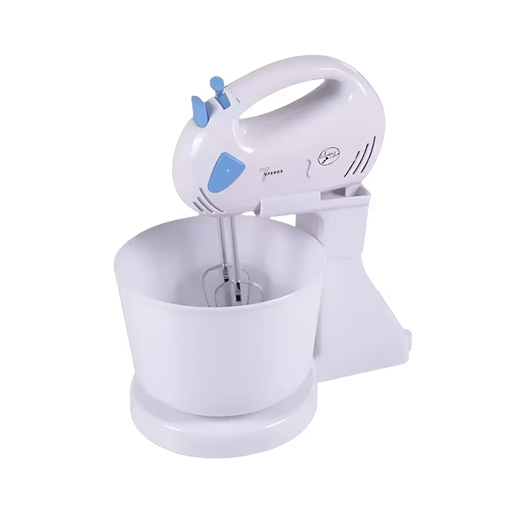 Batidora pedestal Electric Life Pn-208wb tazón plástico blanco vista diagonal. Adquiérela en granhogar