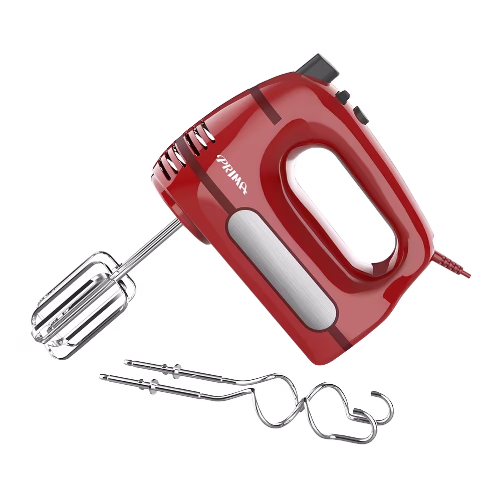 Batidora de mano Prima HM-9105 6 velocidades 400W roja con accesorios vista diagonal. Adquiérela en granhogar