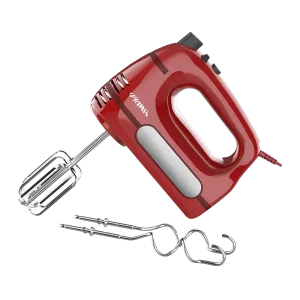 Batidora de mano Prima HM-9105 6 velocidades 400W roja con accesorios vista diagonal. Encuéntrala en granhogar