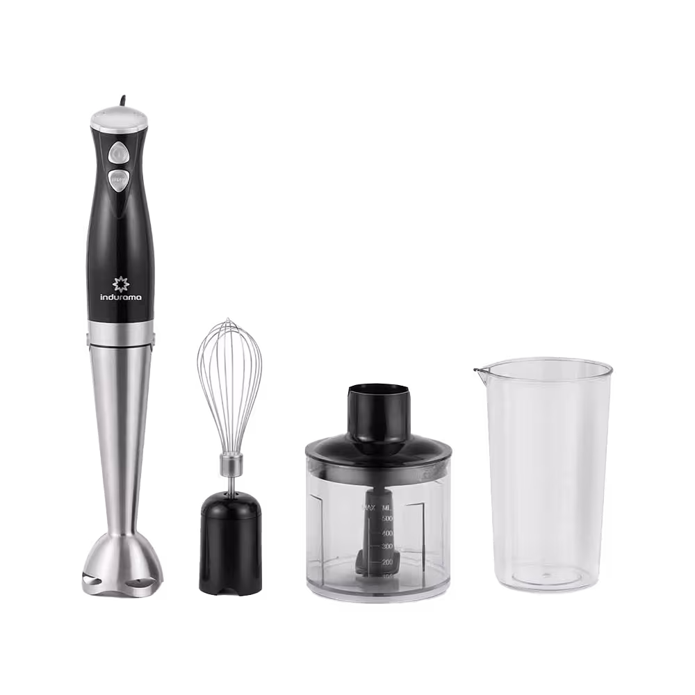 Batidora de inmersión Indurama IBINE24 kit con batidor picatodo y vaso vista frontal. Disponible en granhogar