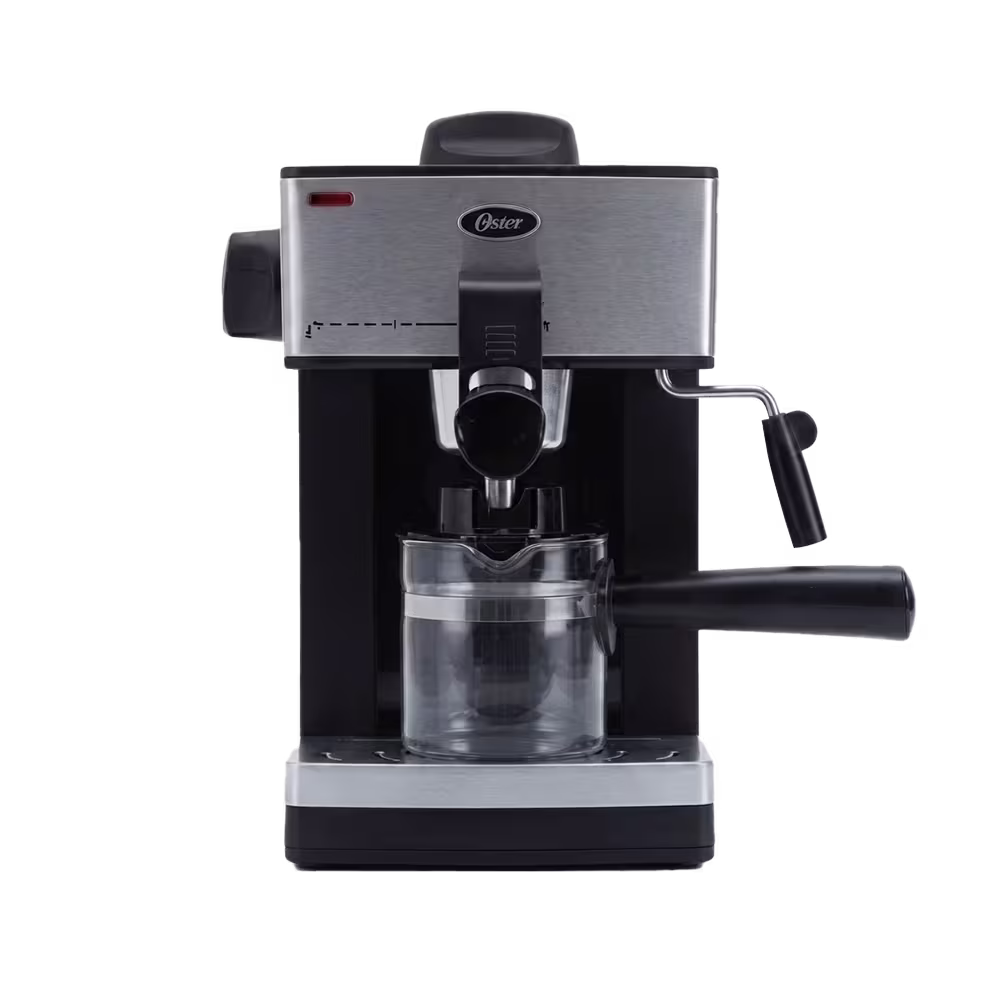 Cafetera espresso Oster BVSTEM3299-013 con jarra de vidrio vista frontal. Encuéntrala en granhogar