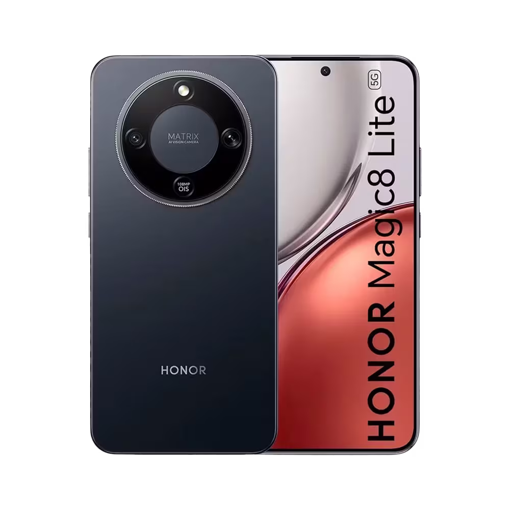 Celular HONOR Magic 8 Lite 8GB 256GB 5G negro vista frontal y posterior adquiérelo en granhogar