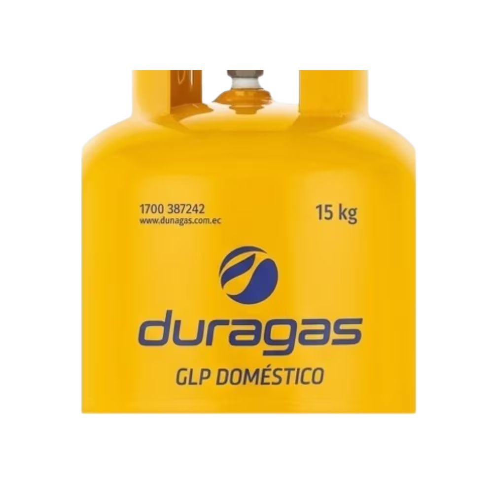 Cilindro de gas Duragas 15 kg etiqueta de peso y marca primer plano, adquierelo en granhogar