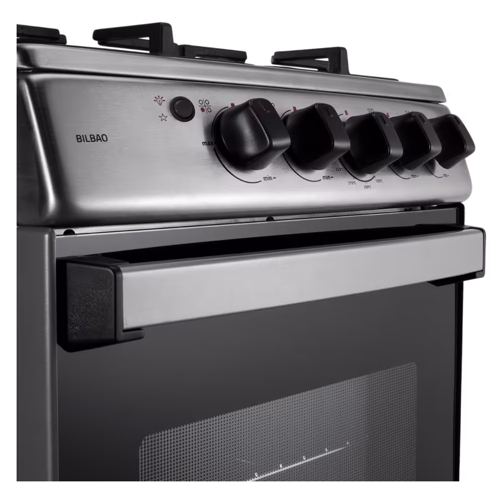 Cocina a gas Indurama Bilbao Spazio perillas de control y manija primer plano disponible en granhogar