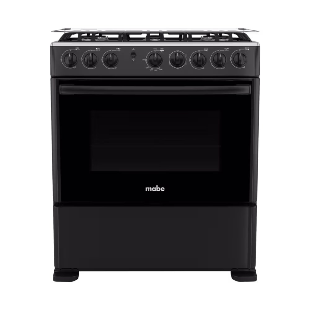 Cocina a gas Mabe negra de 6 quemadores con horno, vista frontal