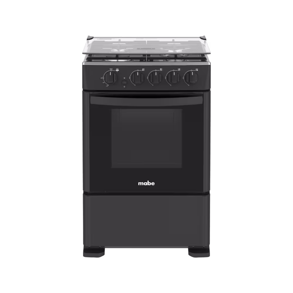 Cocina a gas Mabe negra de 4 quemadores con horno, vista frontal