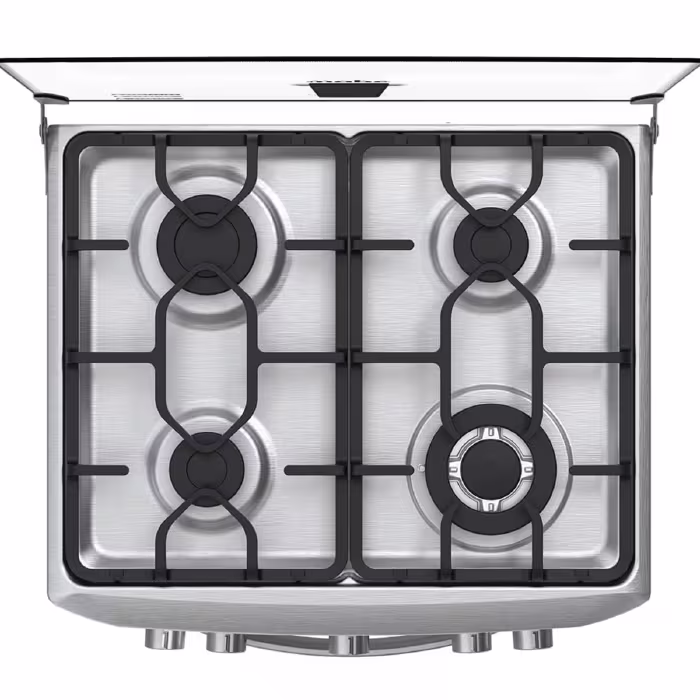 Cocina Mabe EM6040FG1 Inox, 4 quemadores, encendido electrónico, parrillas de hierro, recubrimiento Easy Clean y luz en el horno para mayor comodidad.