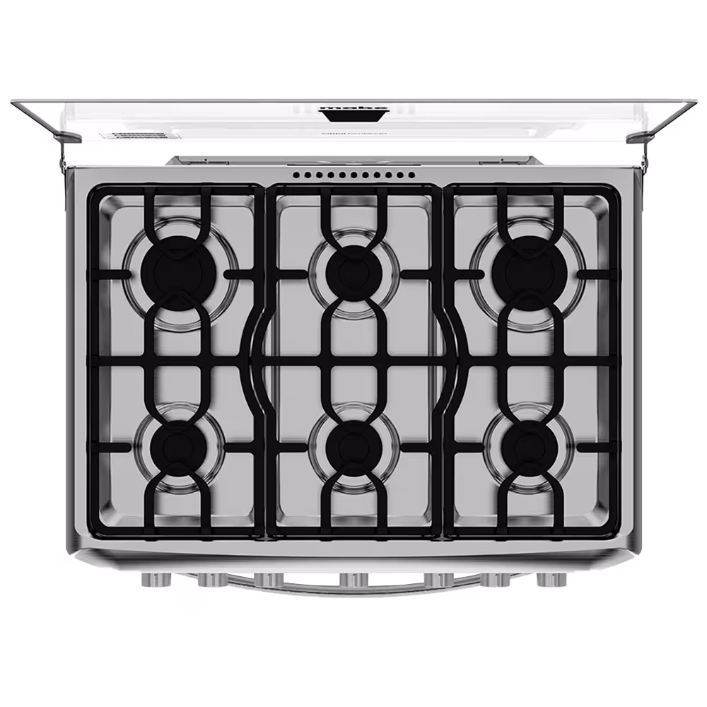 Cocina Mabe EM7620FX0 INOX 6Q con 6 quemadores, parrillas de fundición, horno con grill y Easy Clean Pro. Eficiencia, durabilidad y fácil limpieza.

