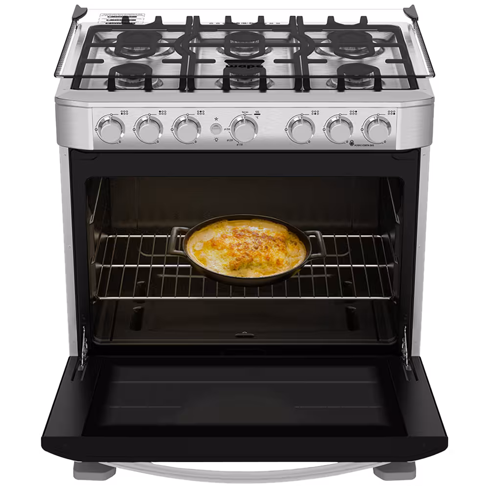 Cocina Mabe EM7620FX0 INOX 6Q con 6 quemadores, parrillas de fundición, horno con grill y Easy Clean Pro. Eficiencia, durabilidad y fácil limpieza.

