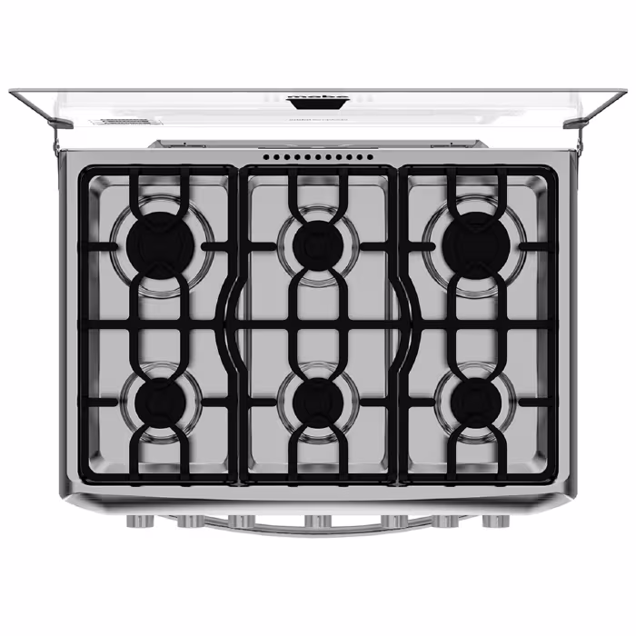 Cocina Mabe EM7620FX0 INOX 6Q con 6 quemadores, parrillas de fundición, horno con grill y Easy Clean Pro. Eficiencia, durabilidad y fácil limpieza.

