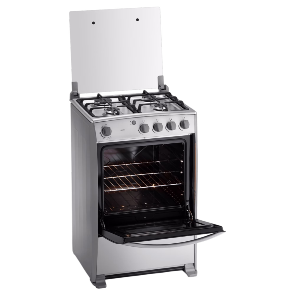 Cocina a gas Coruña Quarzo 24" 4 quemadores Indurama con la puerta del horno abierta cómpralo en granhogar