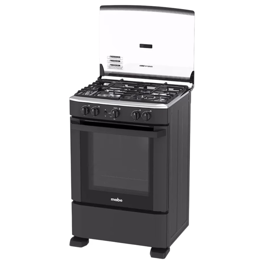 Cocina a gas EM6040FN0 NG 4Q Mabe con la tapa de vidrio abierta, encuéntralo en granhogar