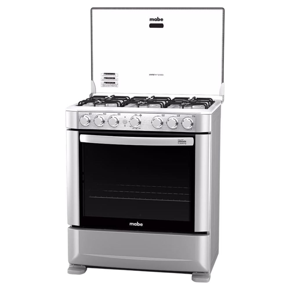 Cocina a gas EM7610SG0 inox 6Q Mabe en acercamiento frontal, cómpralo en granhogar
