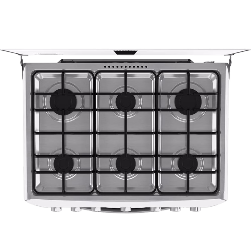 Cocina a gas EM7610SG0 inox 6Q Mabe con vista superior de los quemadores, encuéntralo en granhogar