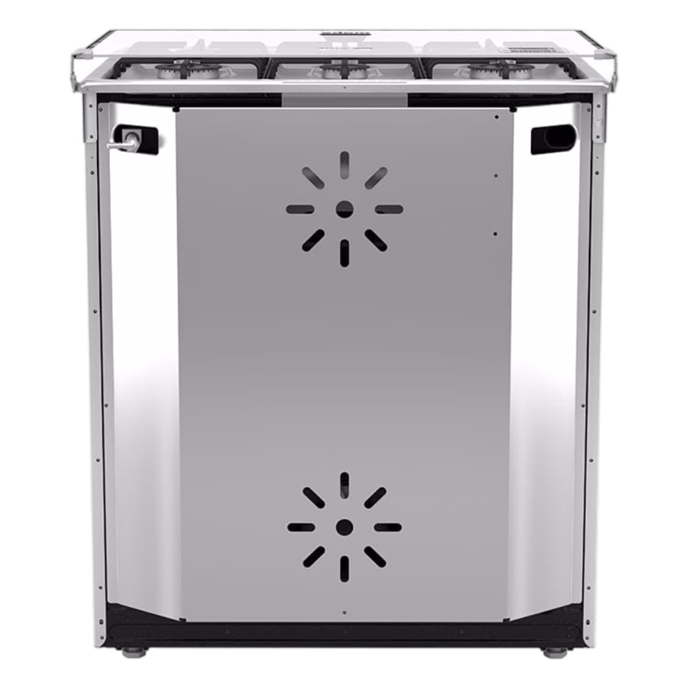 Cocina a gas EM7610SG0 inox 6Q Mabe en vista posterior, descúbrelo en granhogar