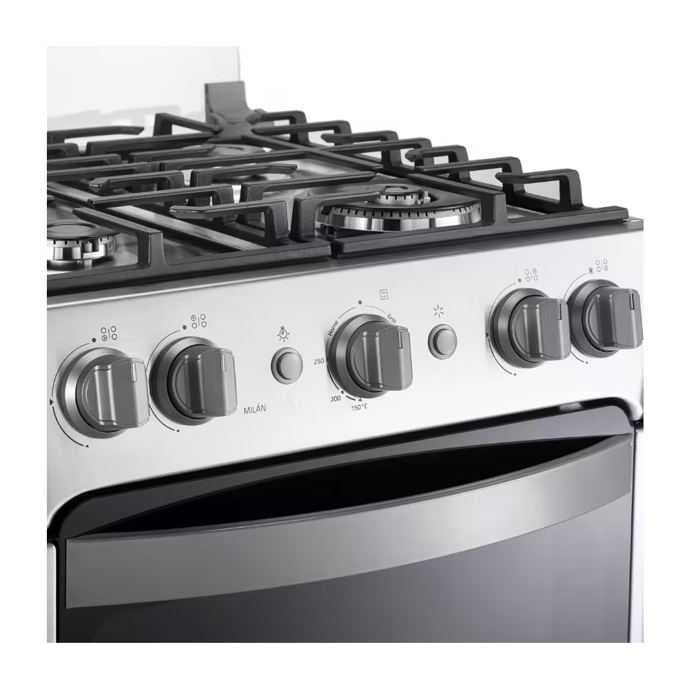 Cocina a gas Indurama Milan Zafiro perillas frontales y encendido primer plano disponible en granhogar