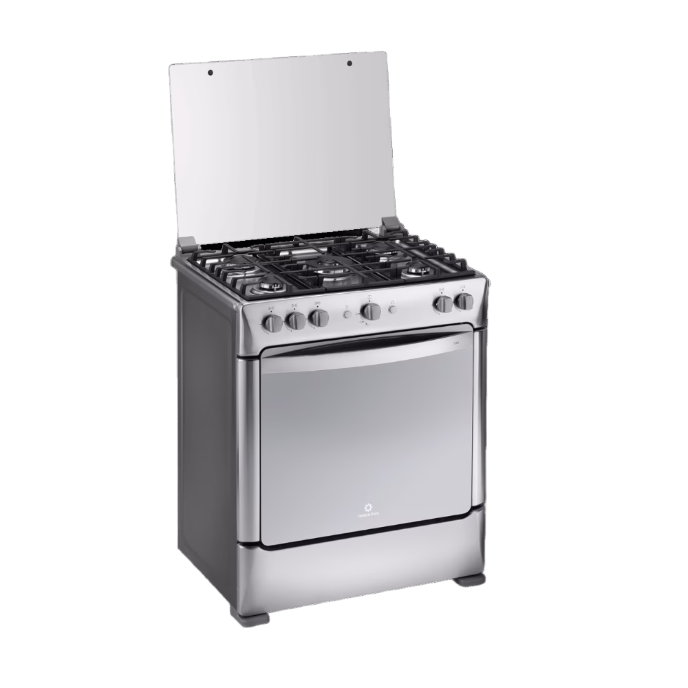 Cocina a gas Indurama Turin Zafiro tablero de acero inoxidable vista diagonal disponible en granhogar