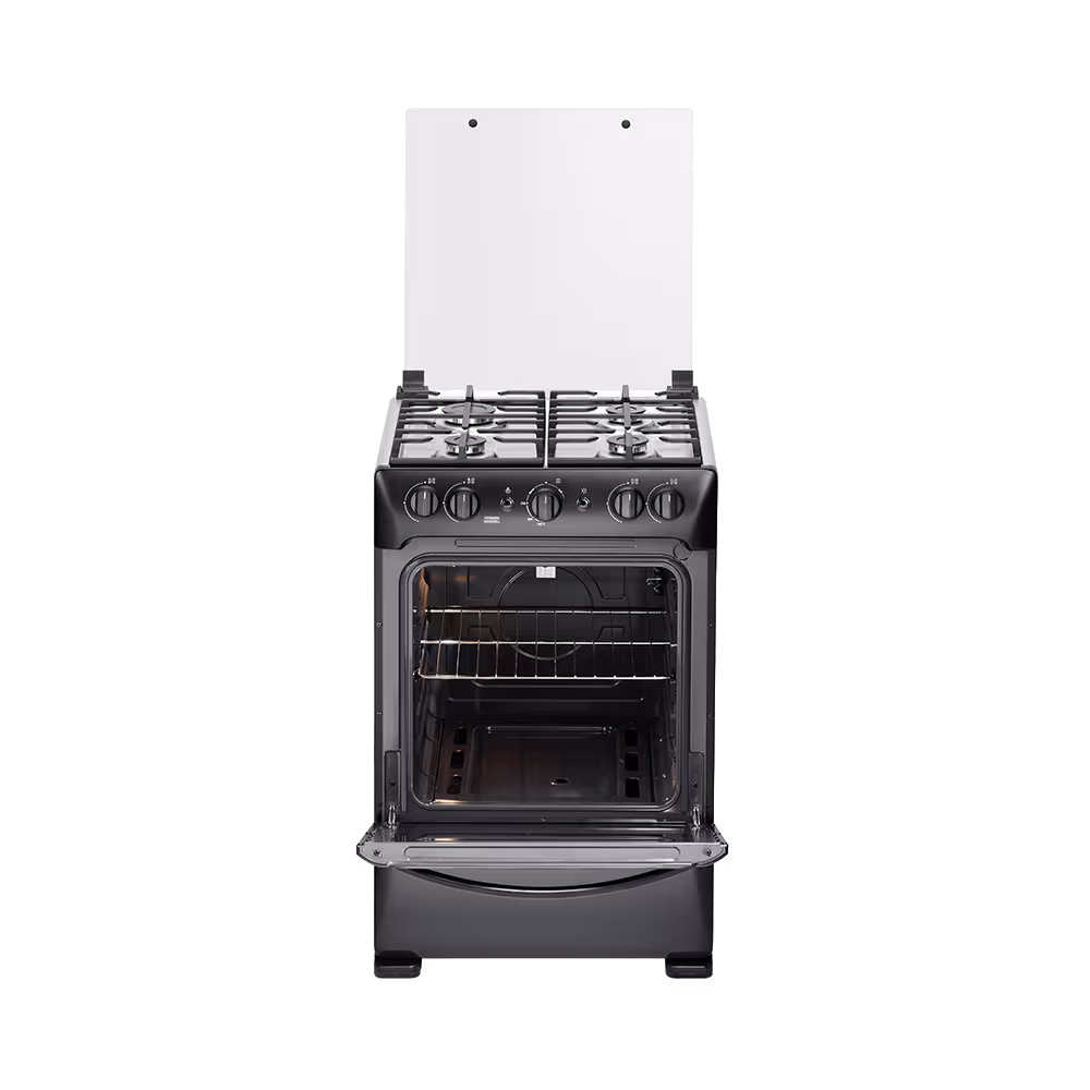 Cocina a gas Indurama Ferrara Zafiro 4Q horno abierto vista frontal. Disponible en granhogar