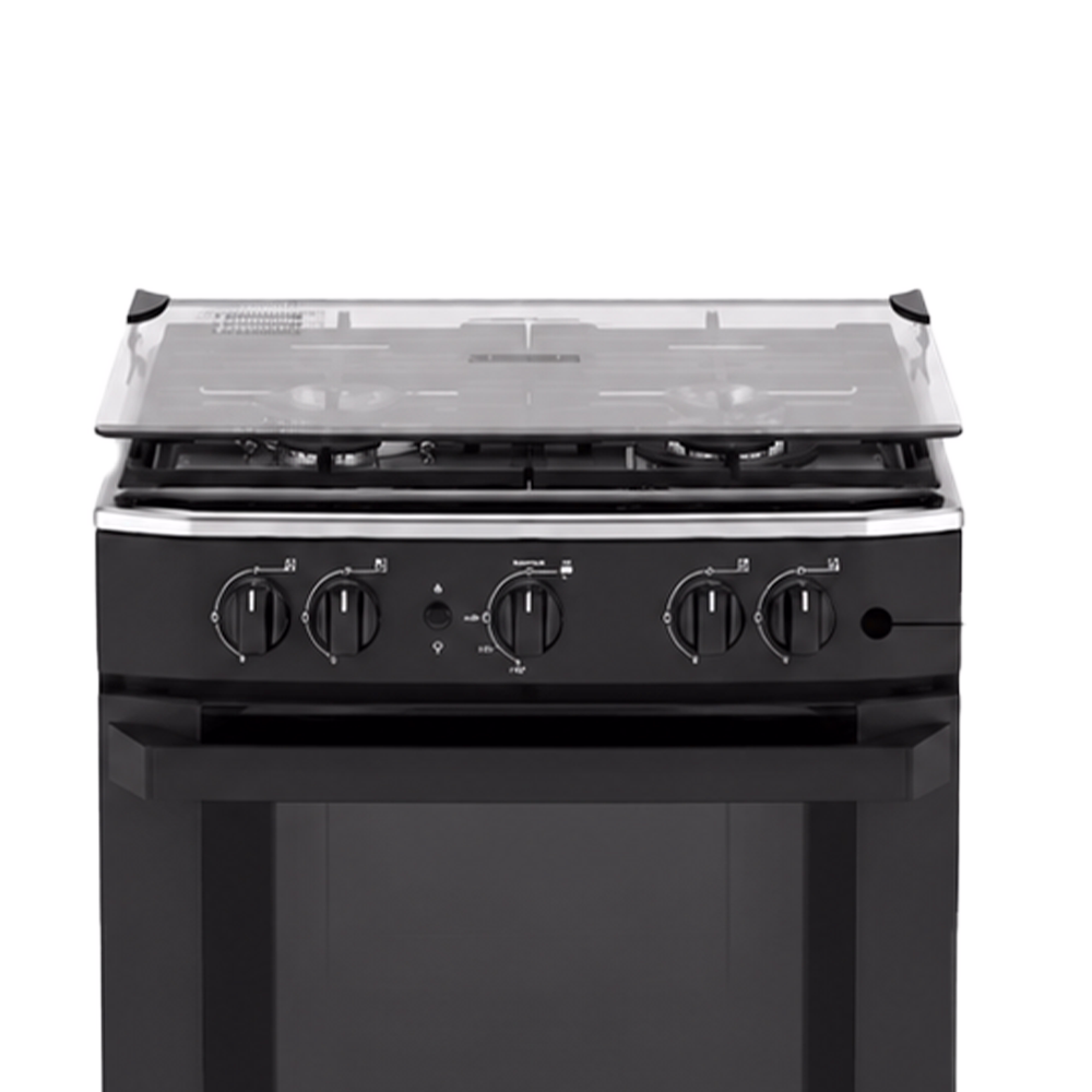 Cocina a Gas 4 Quemadores Negra EM6025SN0 perillas y panel de control vista frontal Encuentra en granhogar