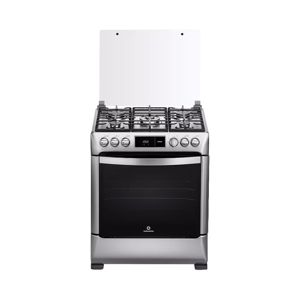 Cocina a gas Indurama Monaco Zafiro tapa vidrio abierta y 5 quemadores vista frontal. Disponible en granhogar