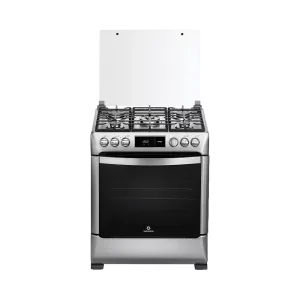 Cocina a gas Indurama Monaco Zafiro tapa vidrio abierta y 5 quemadores vista frontal. Disponible en granhogar