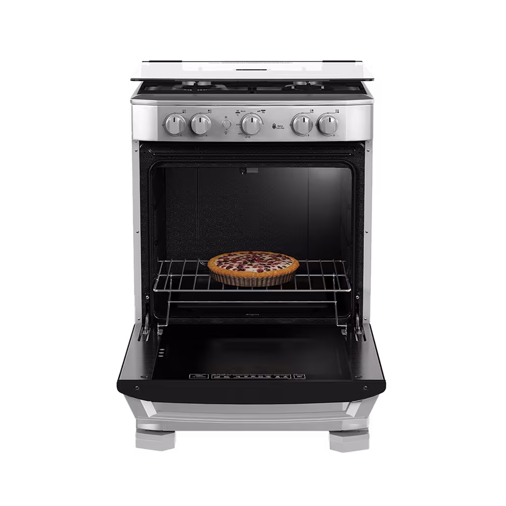 Cocina a gas Mabe EM6060FX3 horno abierto con rejilla y tarta horneada vista frontal disponible en granhogar