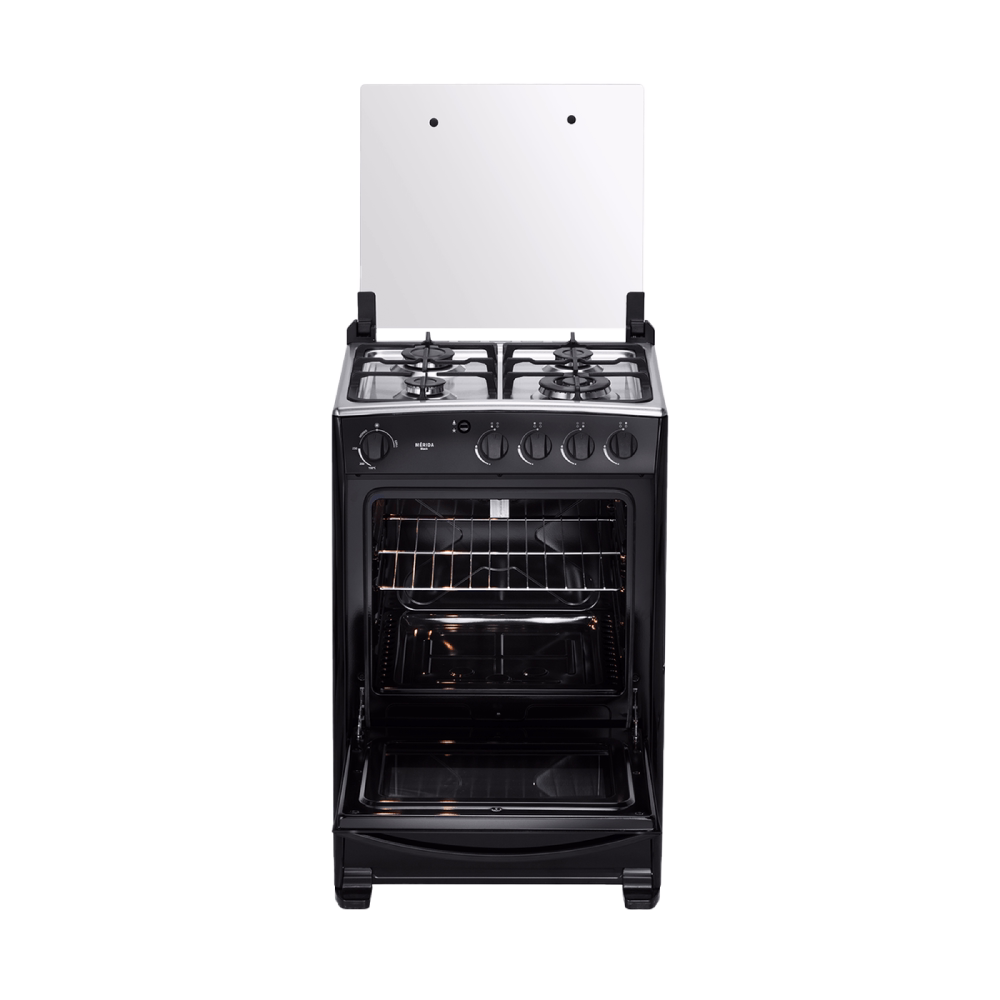 Cocina a gas Indurama Merida Black Quarzo horno abierto vista frontal